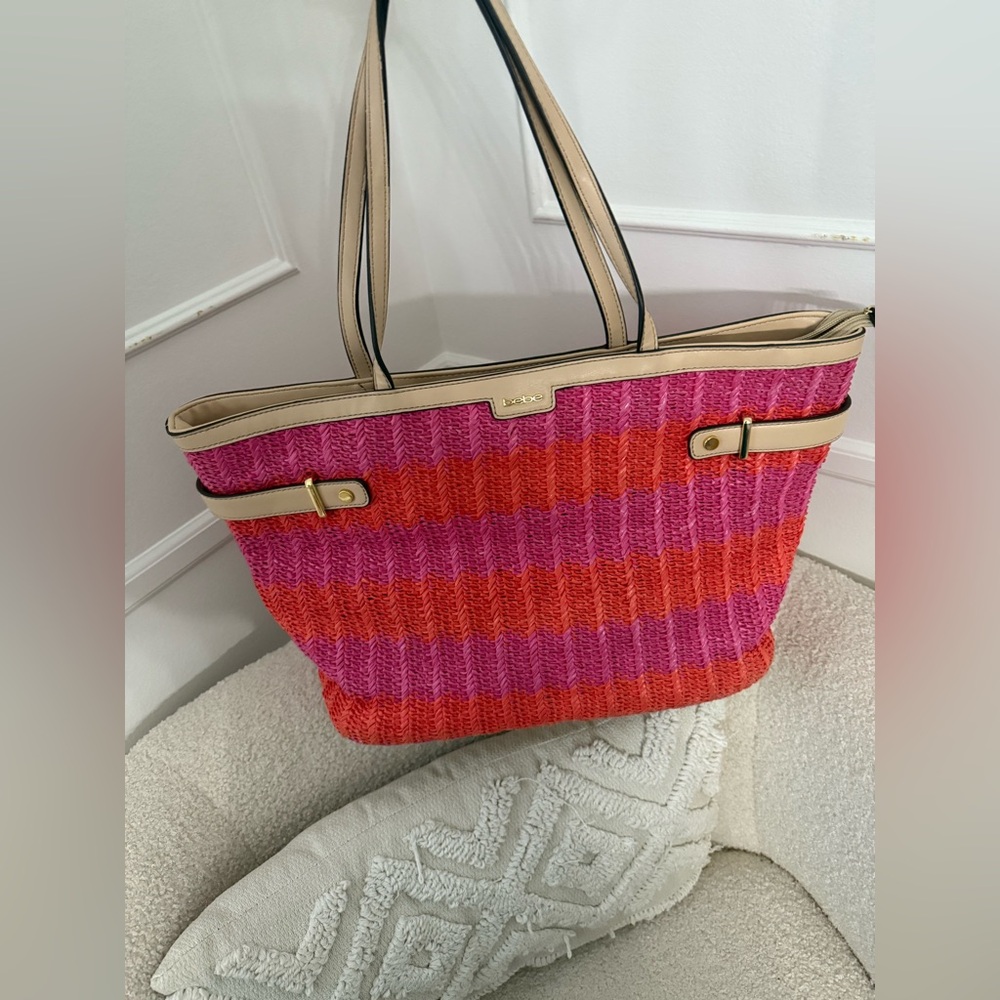 bebe Pink and‎ Orange Striped Tote Bag
